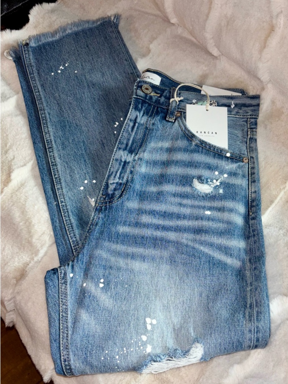 KanCan Light Blue Straight-Leg Jeans with White Paint-Splash Detail